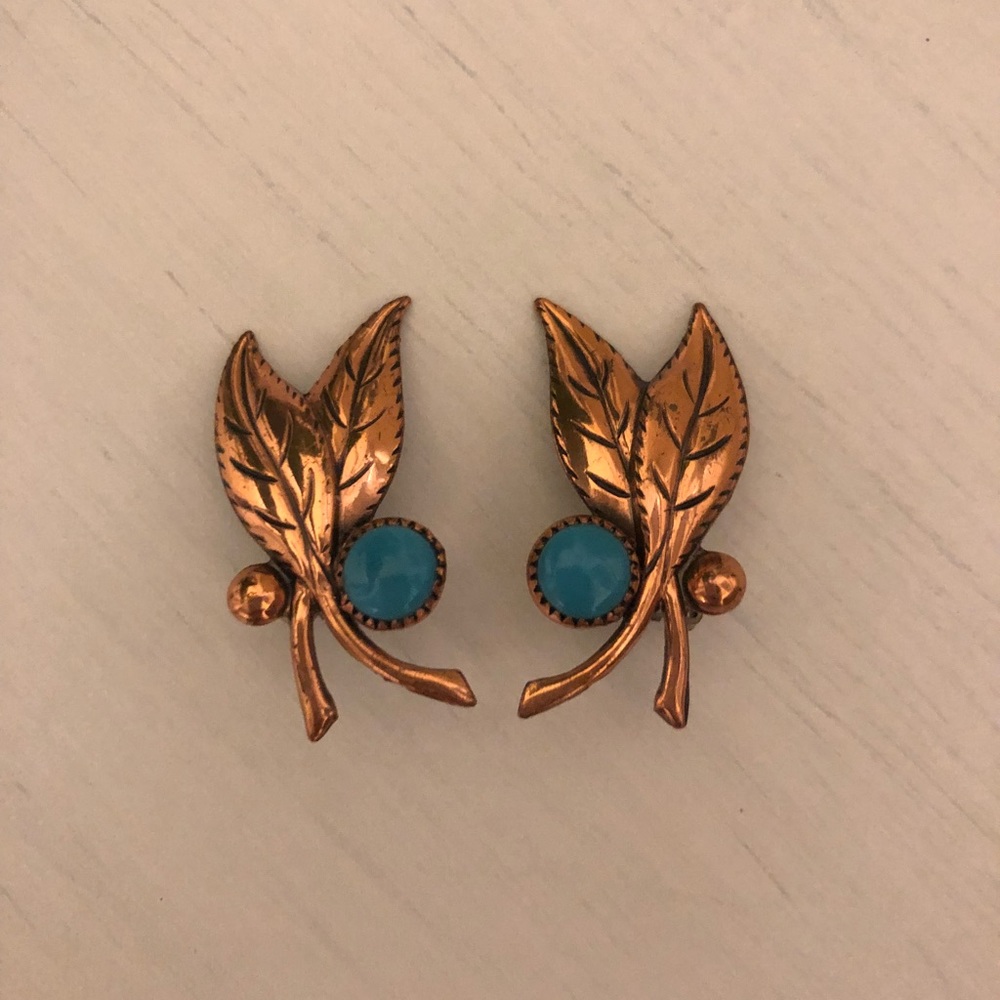 Feather bronzed & turquoise clip on earrings